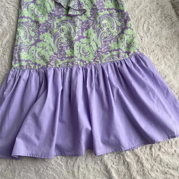 Vintage 60s ruffle front paisley print drop‎ waist midi dress lilac purple green - Picture 6 of 15